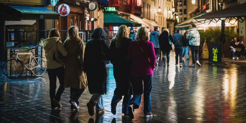 5 vrouwen wandelen naast elkaar in een uitgaansbuurt, ze hebben een dikke jas aan, het is donker buiten